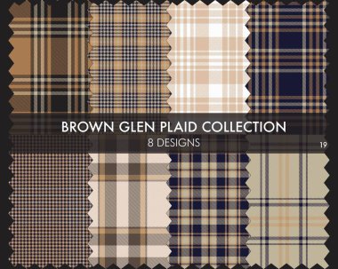 Kahverengi Glen Ekose Tartan desensiz koleksiyonu moda tekstil ve grafikleri için 8 tasarım içerir