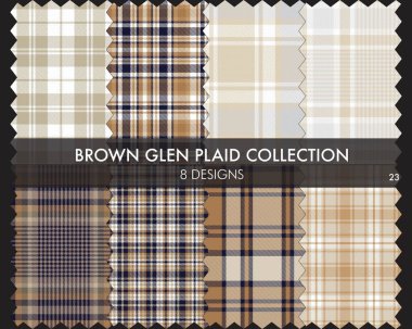 Kahverengi Glen Ekose Tartan desensiz koleksiyonu moda tekstil ve grafikleri için 8 tasarım içerir