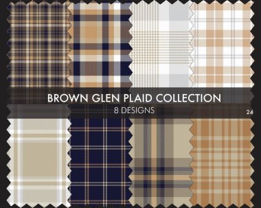 Kahverengi Glen Ekose Tartan desensiz koleksiyonu moda tekstil ve grafikleri için 8 tasarım içerir