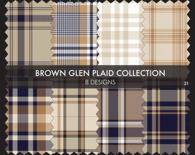 Kahverengi Glen Ekose Tartan desensiz koleksiyonu moda tekstil ve grafikleri için 8 tasarım içerir