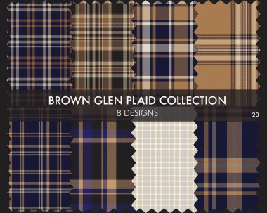 Kahverengi Glen Ekose Tartan desensiz koleksiyonu moda tekstil ve grafikleri için 8 tasarım içerir