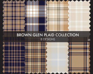 Kahverengi Glen Ekose Tartan desensiz koleksiyonu moda tekstil ve grafikleri için 8 tasarım içerir
