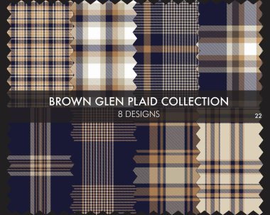 Kahverengi Glen Ekose Tartan desensiz koleksiyonu moda tekstil ve grafikleri için 8 tasarım içerir