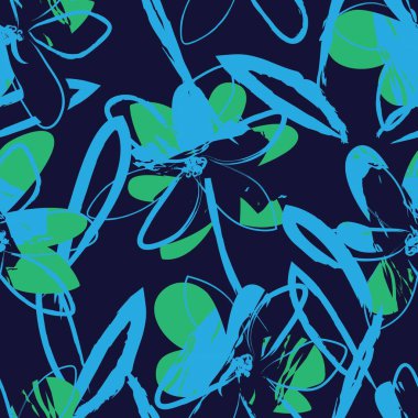 Mavi çiçekli fırça darbeleri moda baskıları, grafikler, arka planlar ve el sanatları için pürüzsüz desenli arka plan