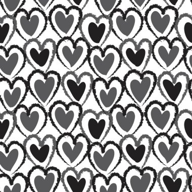 Siyah ve Beyaz Kalp şekilli fırça darbeleri moda tekstil ve grafikleri için kusursuz bir arka plan