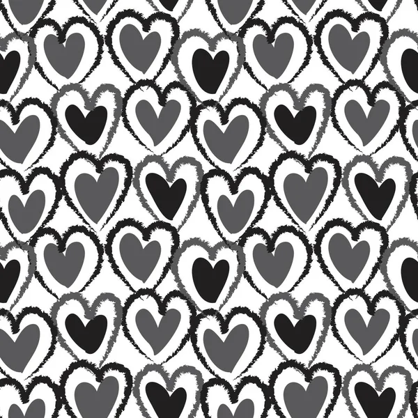 黒と白のハート型のブラシストロークシームレスなパターンの背景のためのファッション繊維 グラフィック — ストックベクタ