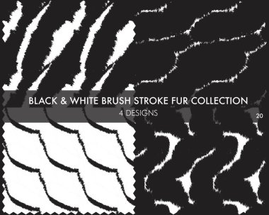 Siyah ve Beyaz Fırça kürk koleksiyonu moda baskıları, ev eşyaları, grafikler, arka planlar için 4 tasarım örneğini içerir