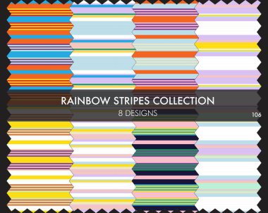 Gökkuşağı çizgili kusursuz desen koleksiyonu moda tekstil ve grafikleri için 8 tasarım örneğini içerir