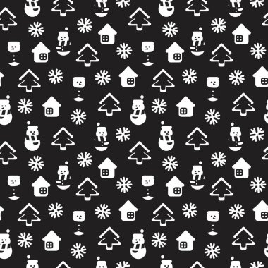 Siyah ve Beyaz Noel Kardan Adam web sitesi grafikleri ve moda tekstili için kusursuz desen tasarımı