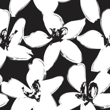 Siyah ve Beyaz Çiçek fırça darbeleri moda baskıları, grafikler, arka planlar ve el sanatları için pürüzsüz desenli arka plan