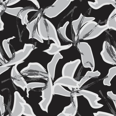 Siyah ve Beyaz Çiçek fırça darbeleri moda baskıları, grafikler, arka planlar ve el sanatları için pürüzsüz desenli arka plan