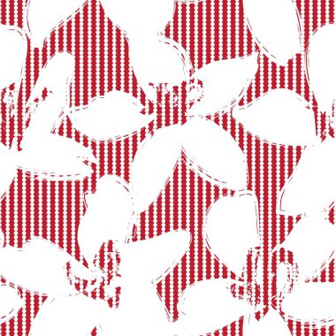 Moda tekstil ve grafikleri için çizgili arkaplanı olan kırmızı çiçekli tropikal dikişsiz desen