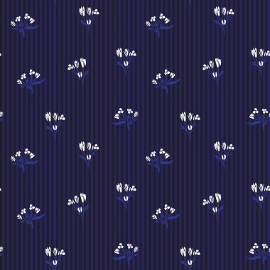 Moda tekstil ve grafikleri için çizgili arkaplanı olan mavi çiçekli tropikal dikişsiz desen