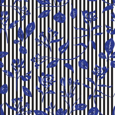 Moda tekstil ve grafikleri için çizgili arkaplanı olan mavi çiçekli tropikal dikişsiz desen