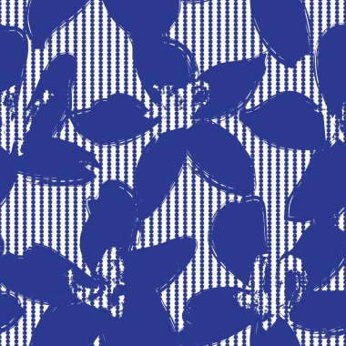 Moda tekstil ve grafikleri için çizgili arkaplanı olan mavi çiçekli tropikal dikişsiz desen