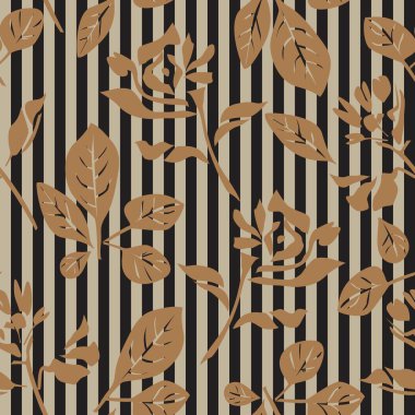 Moda tekstil ve grafikleri için çizgili arka plana sahip kahverengi tropikal bitkisel desen