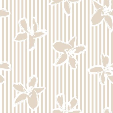 Moda tekstil ve grafikleri için çizgili arka plana sahip kahverengi tropikal bitkisel desen