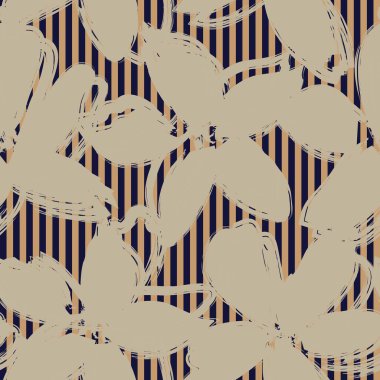 Moda tekstil ve grafikleri için çizgili arka plana sahip kahverengi tropikal bitkisel desen