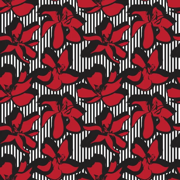 Patrón Sin Costuras Botánico Tropical Floral Rojo Con Fondo Rayado — Vector de stock