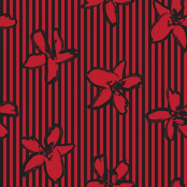 Vermelho Floral Tropical Botânico Sem Costura Padrão Com Fundo Listrado —  Vetores de Stock