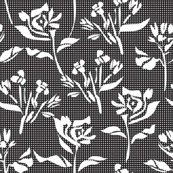 Noir Blanc Motif Botanique Tropical Floral Sans Couture Fond Pointillé — Image vectorielle