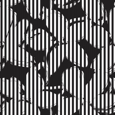 Moda tekstil ve grafikleri için çizgili arka planı olan siyah ve beyaz tropikal dikişsiz bitki deseni