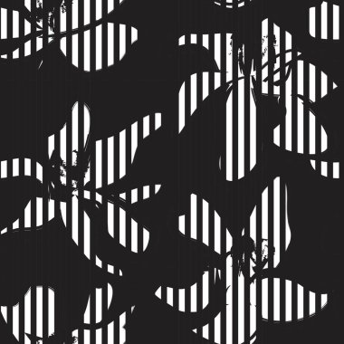 Moda tekstil ve grafikleri için çizgili arka planı olan siyah ve beyaz tropikal dikişsiz bitki deseni