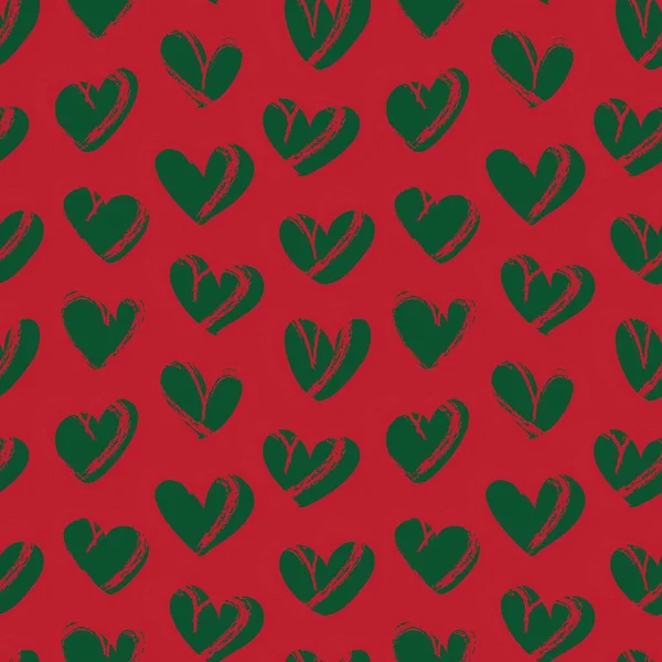 クリスマスハート形のブラシストロークシームレスなパターンの背景のためのファッション繊維 グラフィック — ストックベクタ