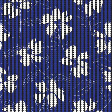 Moda tekstil ve grafikleri için çizgili arkaplanı olan mavi çiçekli tropikal dikişsiz desen