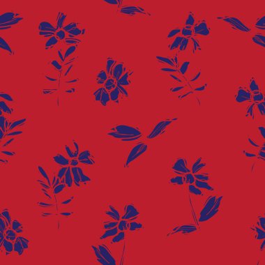 Kırmızı ve mavi bitkisel bitki örtüsü desensiz arka plan moda baskıları, grafikler, arka planlar ve el sanatları için uygun