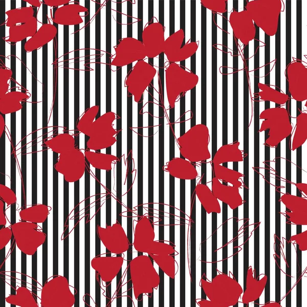 ファッション繊維やグラフィックのための縞模様の背景を持つ赤い花の熱帯植物シームレスパターン — ストックベクタ