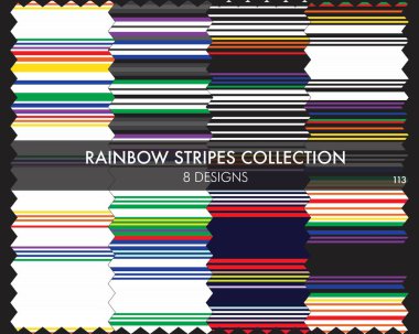 Gökkuşağı çizgili kusursuz desen koleksiyonu moda tekstil ve grafikleri için 8 tasarım örneğini içerir