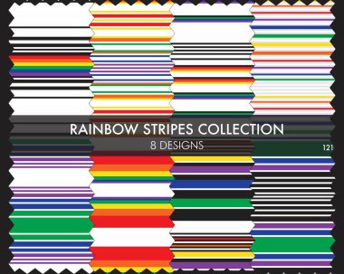 Gökkuşağı çizgili kusursuz desen koleksiyonu moda tekstil ve grafikleri için 8 tasarım örneğini içerir