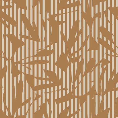 Moda tekstil ve grafikleri için çizgili arka plana sahip kahverengi tropikal bitkisel desen