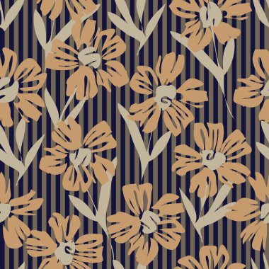 Moda tekstil ve grafikleri için çizgili arka plana sahip kahverengi tropikal bitkisel desen