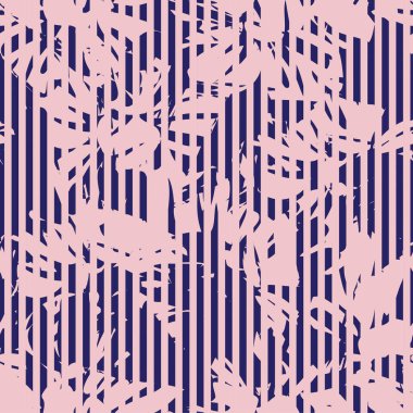 Moda tekstil ve grafikleri için çizgili arka plana sahip pembe donanma çiçekli tropikal botanik deseni