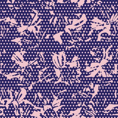 Moda tekstil ve grafikleri için noktalı arkaplanı olan pembe deniz donanması tropikal botanik deseni.
