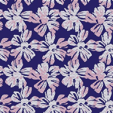 Moda tekstil ve grafikleri için noktalı arkaplanı olan pembe deniz donanması tropikal botanik deseni.