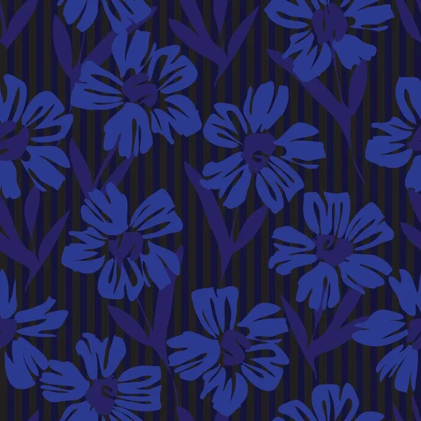 Patrón Sin Costuras Botánico Tropical Floral Azul Con Fondo Rayado — Vector de stock