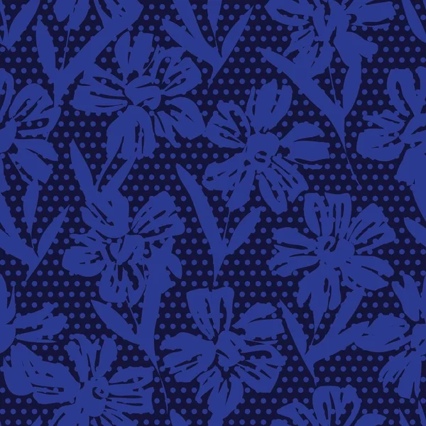 Azul Floral Tropical Botânico Sem Costura Padrão Pontilhado Fundo Para —  Vetores de Stock