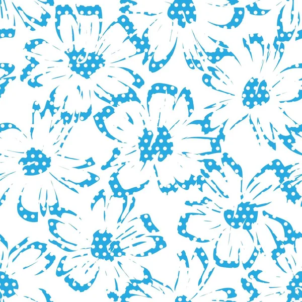 Blue Floral Tropical Botanical Seamless Pattern Dotted Background Fashion Textiles — Stock Vector