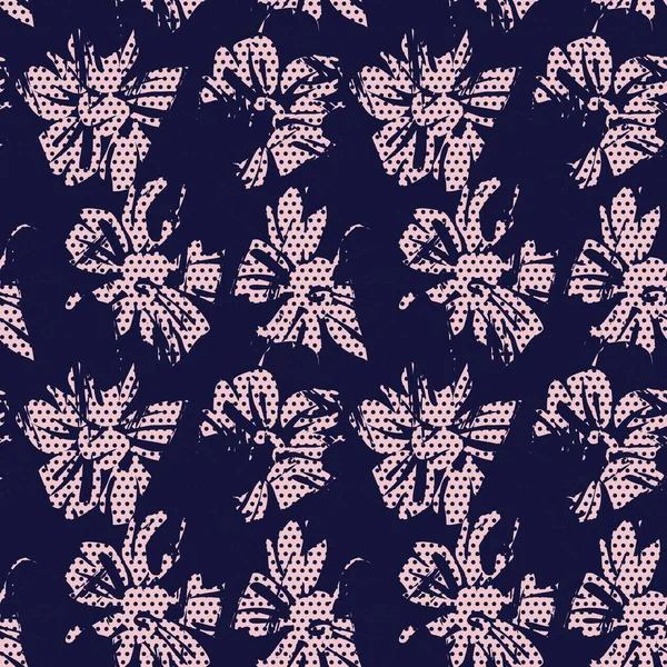 Pink Navy Floral Tropisch Botanisch Naadloos Patroon Met Gestippelde Achtergrond — Stockvector