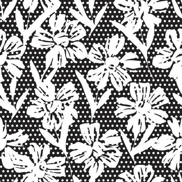 Noir Blanc Motif Botanique Tropical Floral Sans Couture Fond Pointillé — Image vectorielle