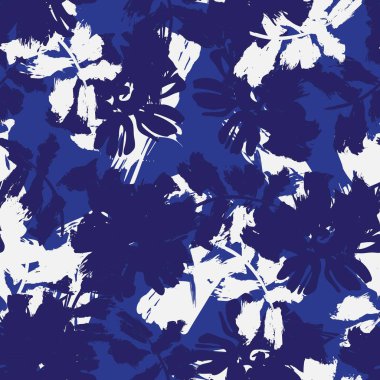 Mavi çiçekli fırça darbeleri moda baskıları, grafikler, arka planlar ve el sanatları için pürüzsüz desenli arka plan