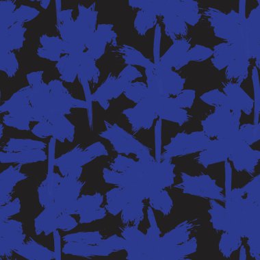 Mavi çiçekli fırça darbeleri moda baskıları, grafikler, arka planlar ve el sanatları için pürüzsüz desenli arka plan