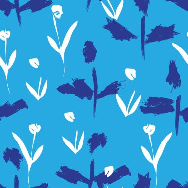Mavi çiçekli fırça darbeleri moda baskıları, grafikler, arka planlar ve el sanatları için pürüzsüz desenli arka plan