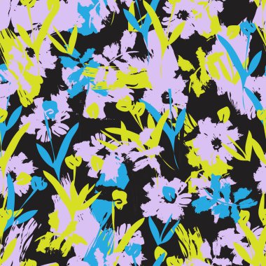 Mor çiçekli fırça darbeleri moda baskıları, grafikler, arka planlar ve el sanatları için pürüzsüz desenli arkaplan