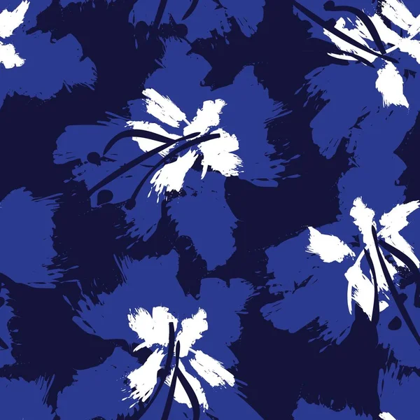 Blå Blommig Pensel Stroke Sömlös Mönster Bakgrund För Mode Tryck — Stock vektor