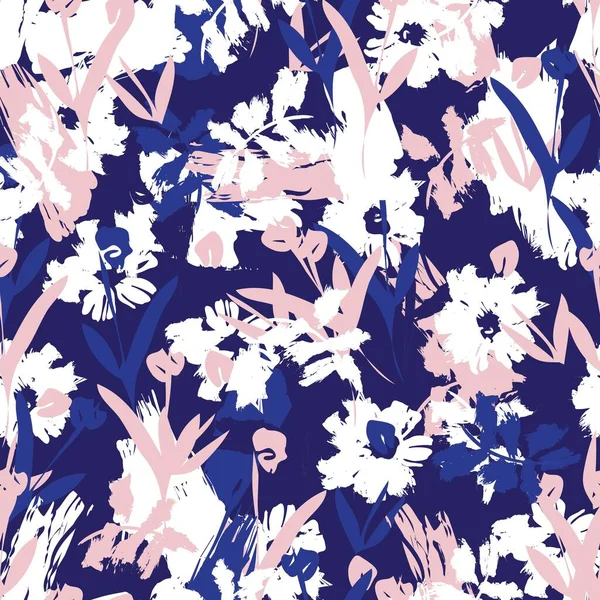 Rosa Und Navy Floral Pinselstriche Nahtloser Musterhintergrund Für Modedrucke Grafiken — Stockvektor
