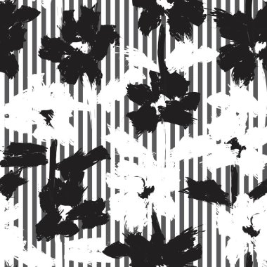 Moda tekstil ve grafikleri için çizgili arka planı olan siyah ve beyaz tropikal dikişsiz bitki deseni